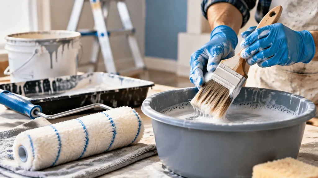 Professional painter cleaning paint brushes and rollers