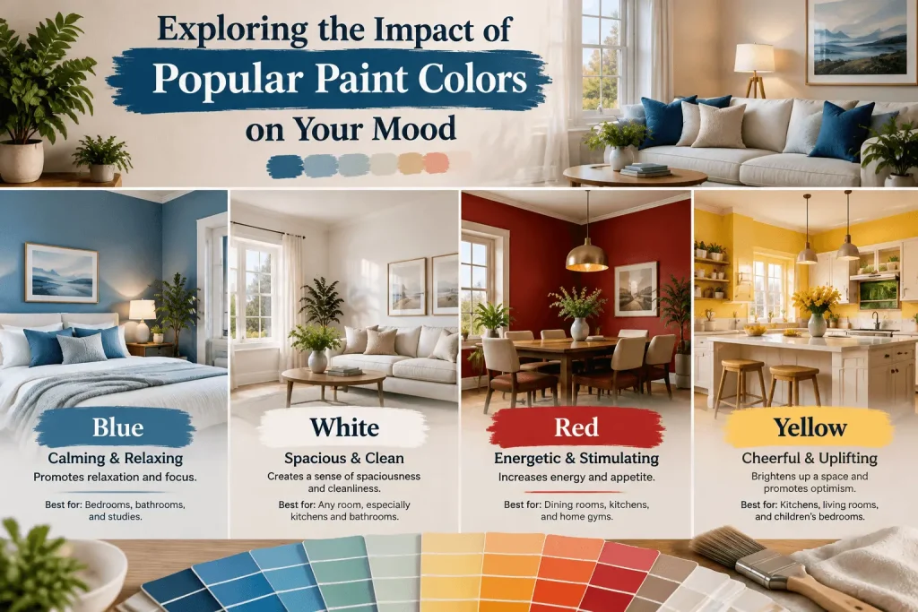 How popular paint colors like blue, white, red, and yellow affect mood in home interiors