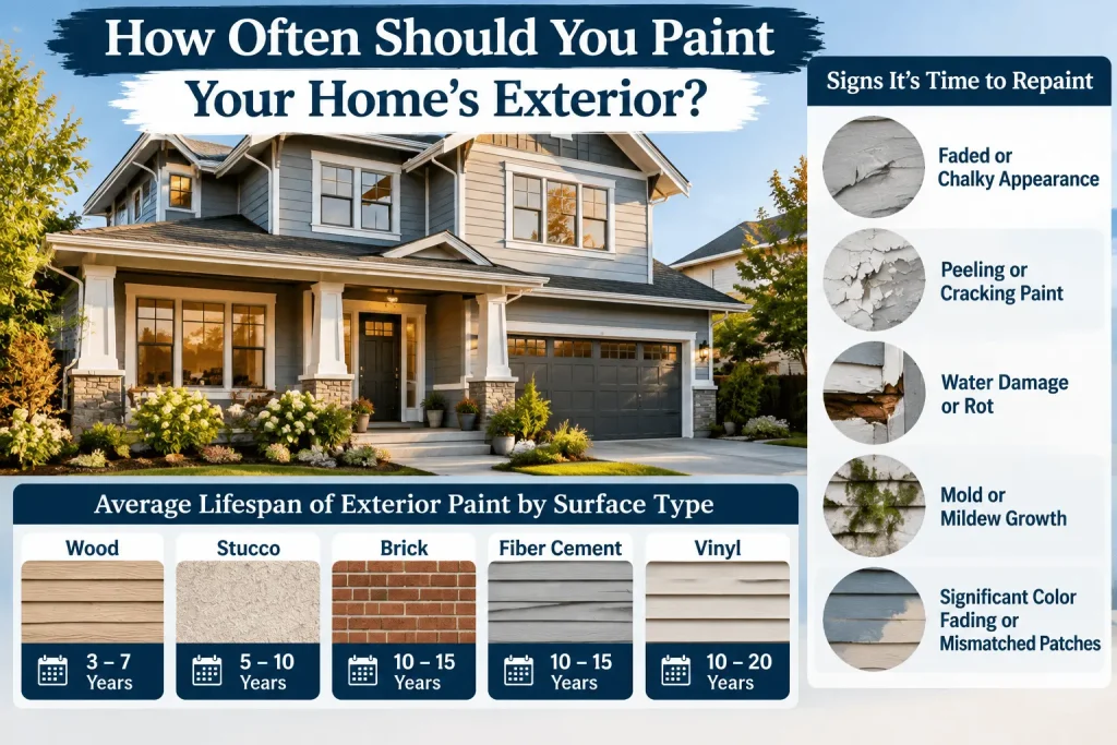 How often to repaint a home's exterior and signs of exterior paint damage